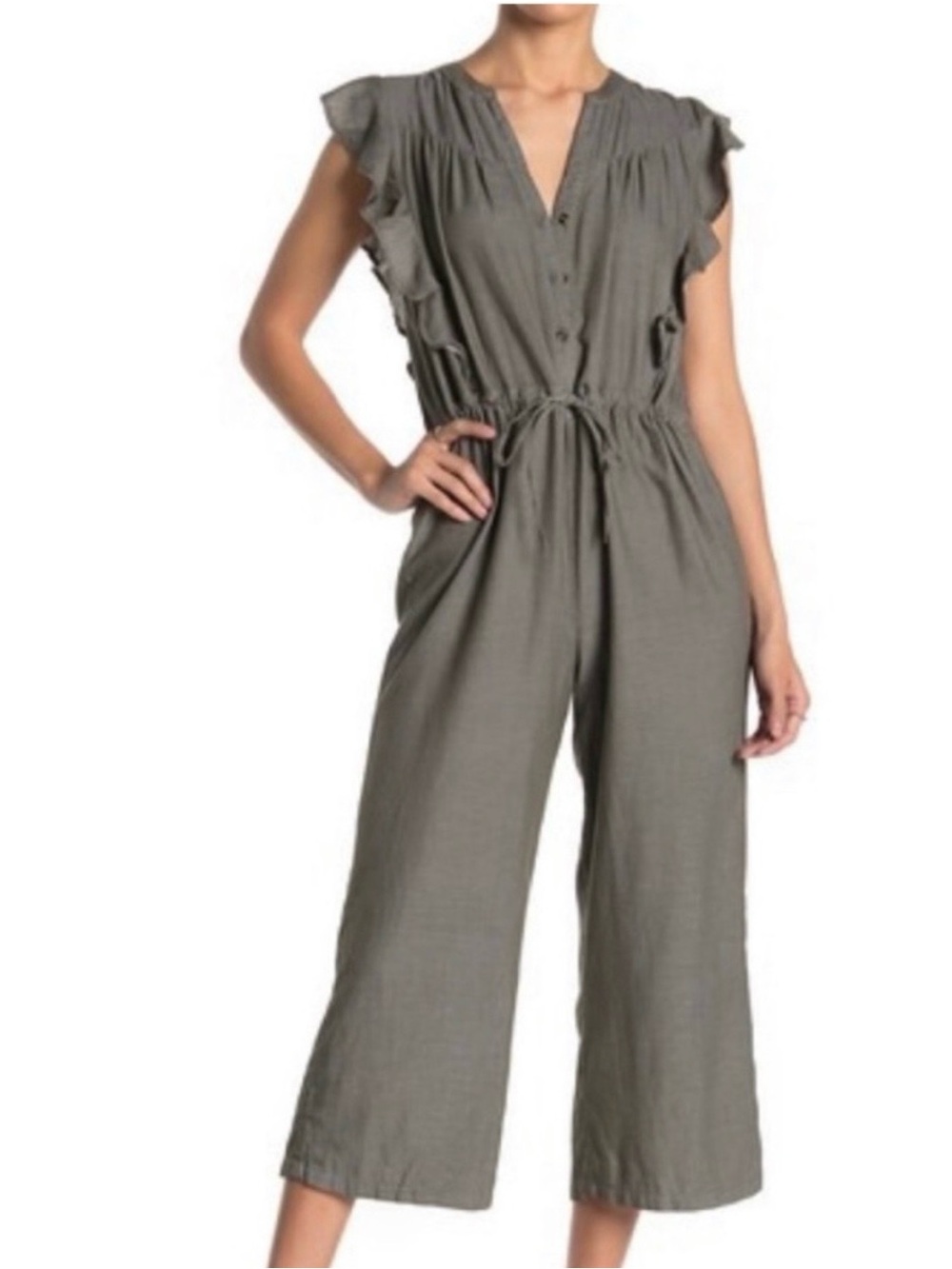 Susina Olive Green Ruffle Sleeve Wide-Leg Jumpsuit Sz M